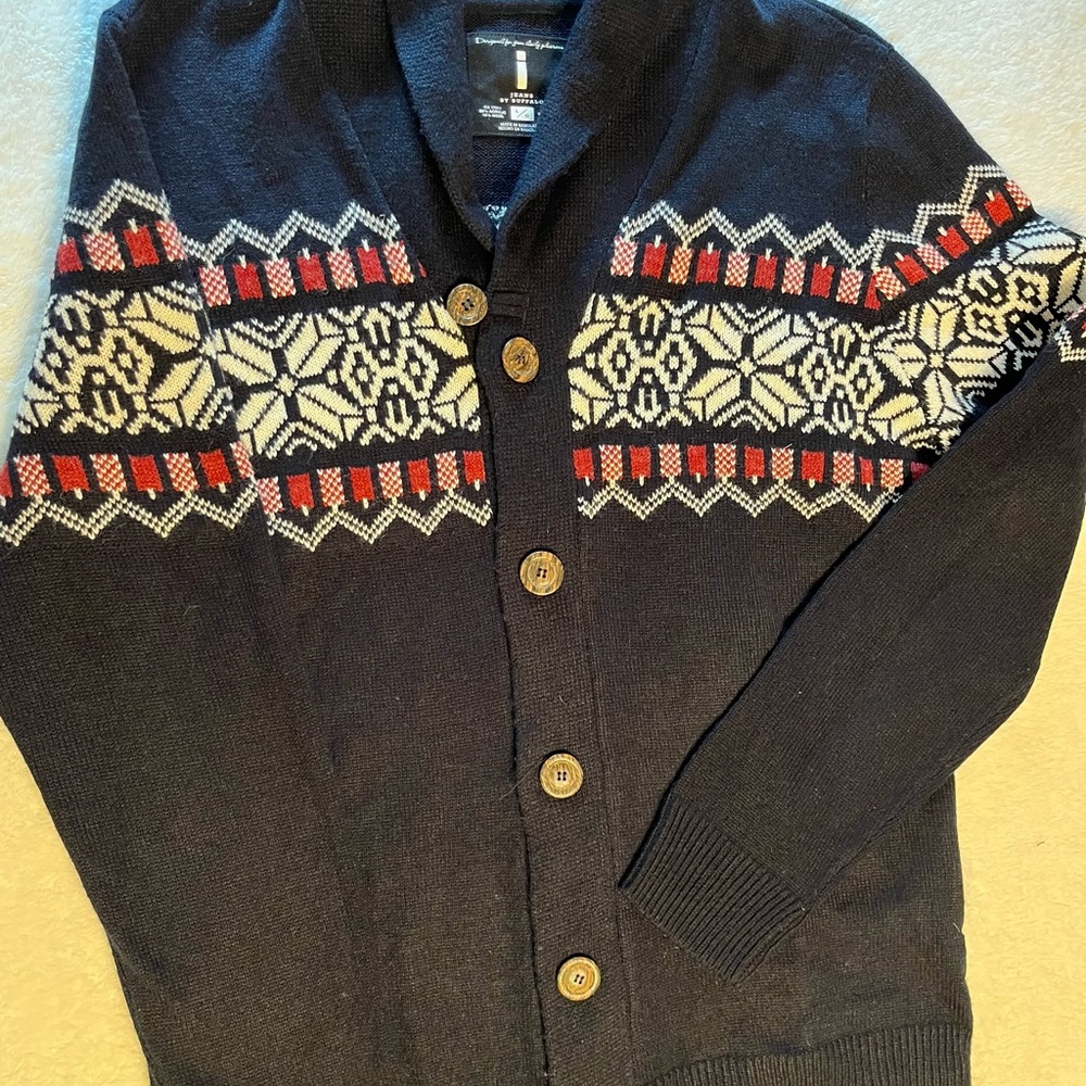 Men’s i Jeans by Buffalo Navy Fair Isle Nordic Knit Cardigan Sweater L